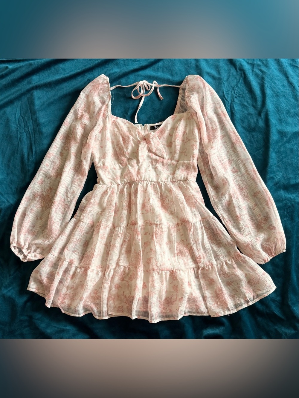 White and Pink Long-Sleeve Tiered Dress